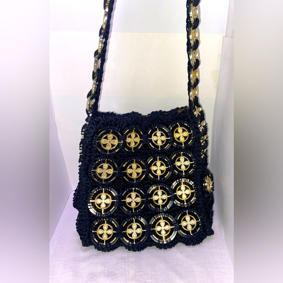 made in Italy Handbags - Clover Disk Handmade Crochet Handbag Black Gold Plastic Disk Made In Italy